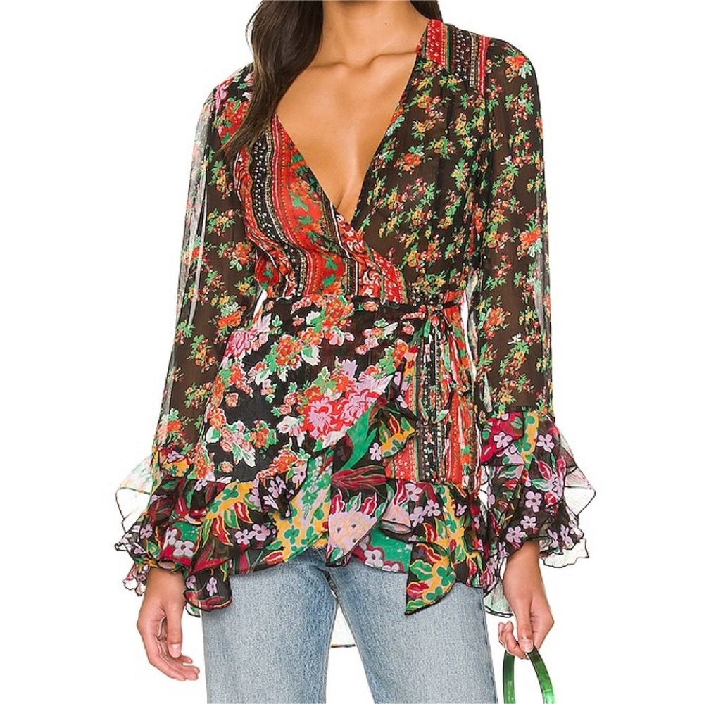 Free People x Revolve Magic Hour Wrap Top in Black Combo Size Small